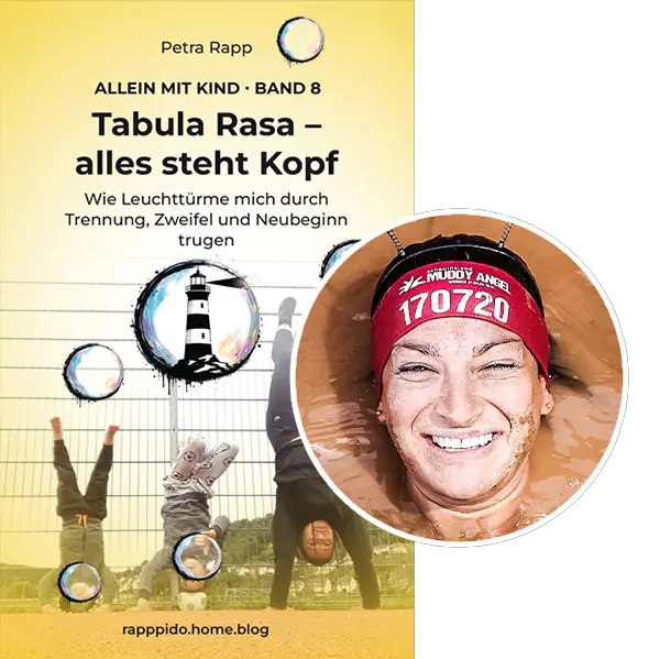 Petra Rapp mit ihrem Buch „Tabula Rasa – alles steht Kopf“, Band 8 der Buchreihe „Allein mit Kind“